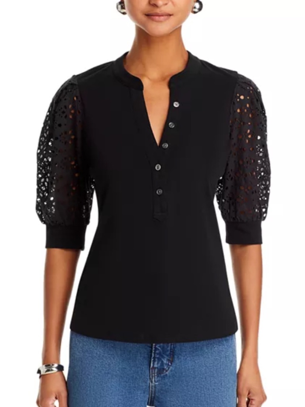 Veronica Beard Coralee Lace Sleeve Black Top - Medium